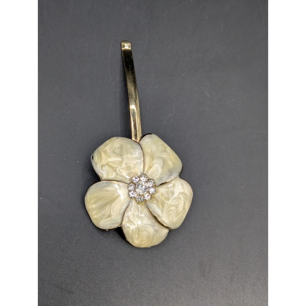 Vintage Cream Swirl Enamel Flower Hair Slide Pin Gold Tone Rhinestone 3”